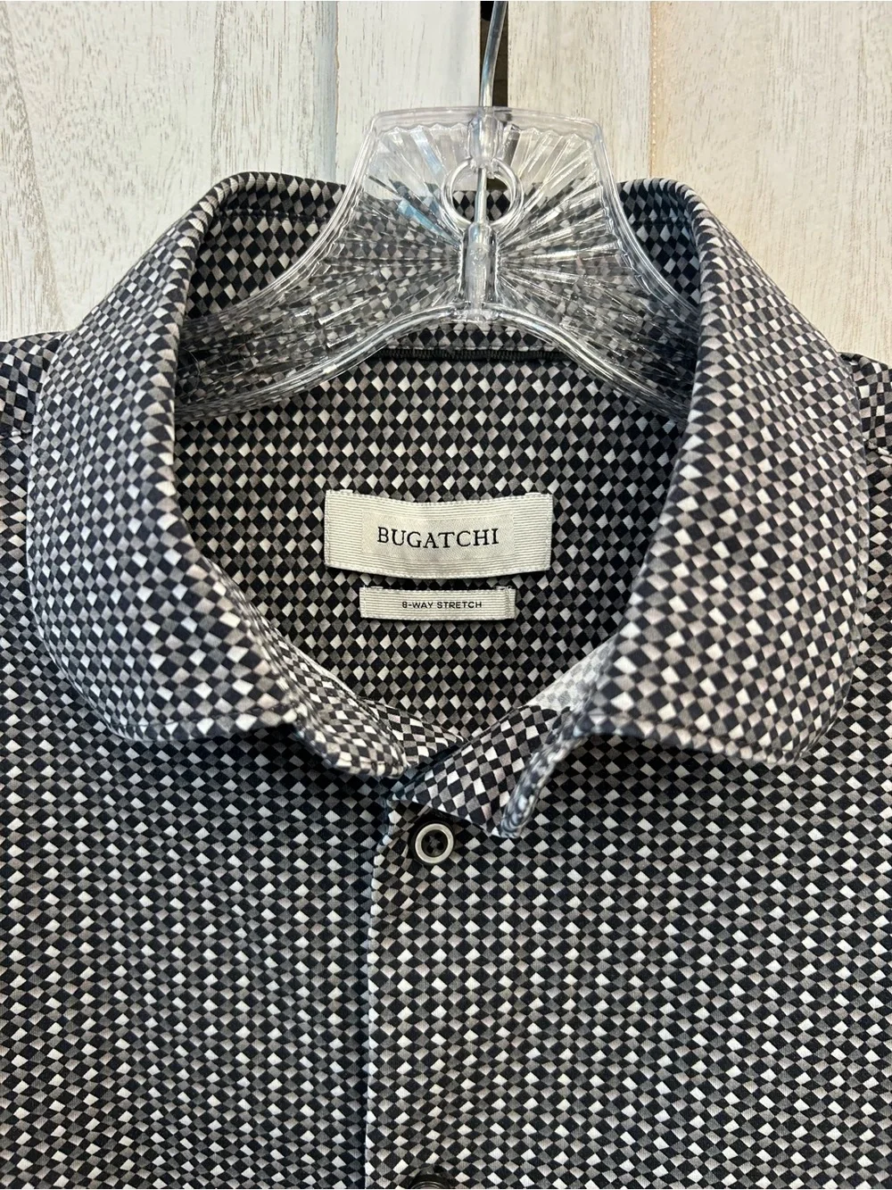 Bugatchi 8 Way Stretch Black & White Micro-Pattern Med Button Down Dress Shirt